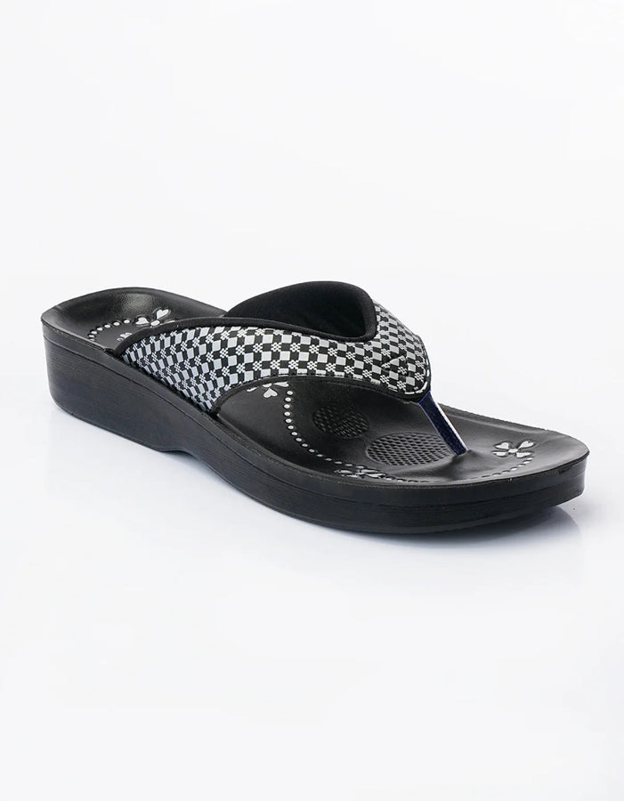 Black sandal with a checkered strap on a white background